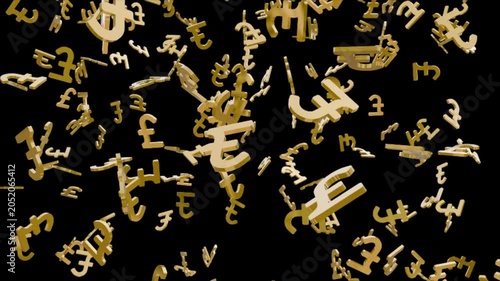Golden 3D British pound currency sign falling on black background.