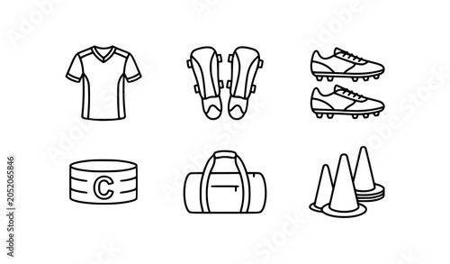 Foto Football training gear and player kit line icons set with jersey shin guards boo