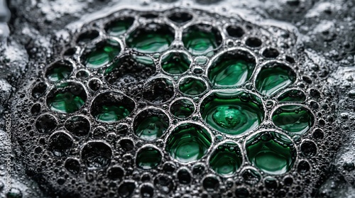 Macro closeup of green liquid bubbles and black foam showing glossy translucent spheres and textured surface with high contrast abstract scientific aesthetic
