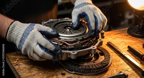 Mechanic hands repairing car clutch on workbench with gloves and tools