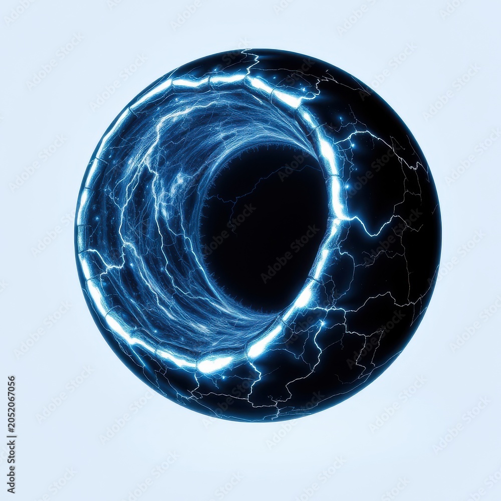 Obraz premium Dark sphere with bright electric arcs. Center appears void, swirling energy visible. Dramatic lighting, intense visual effect.