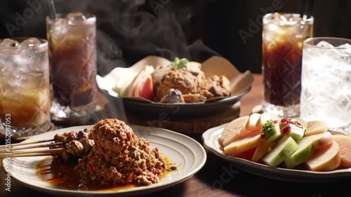 A beautifully arranged selection of delicious food and refreshing beverages displayed on a dining table. This high-quality footage showcases a variety of meals, drinks, and culinary details, creating 