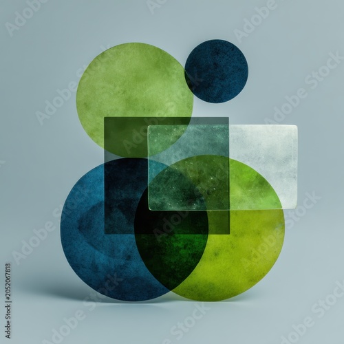 Abstract Layered Circles and Squares in Green Blue and Gray