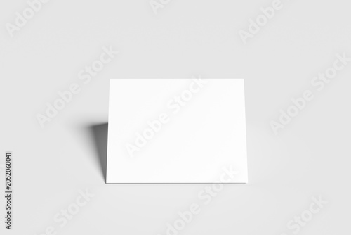 Bifold postcard mockup with blank white folded greeting card template, minimalist corporate invitation layout for branding presentation, realistic 3d render on light gray background