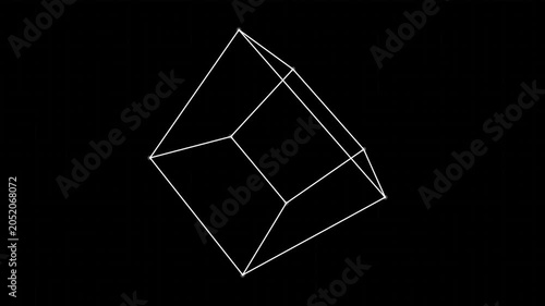 Abstract white wireframe cube rotating and transforming on a black background