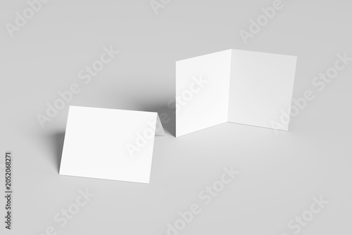 Bifold postcard mockup with two blank white half open greeting cards, minimalist corporate invitation layout template for branding presentation, realistic 3d render on light gray background.