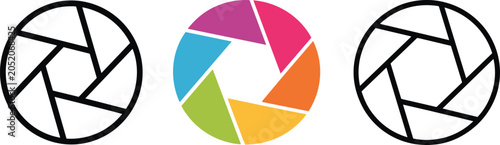 Foto Camera shutter aperture icons, colorful and black outline lens diaphragm symbols