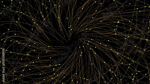 Yellow glowing particles flowing in swirling abstract patterns on black background