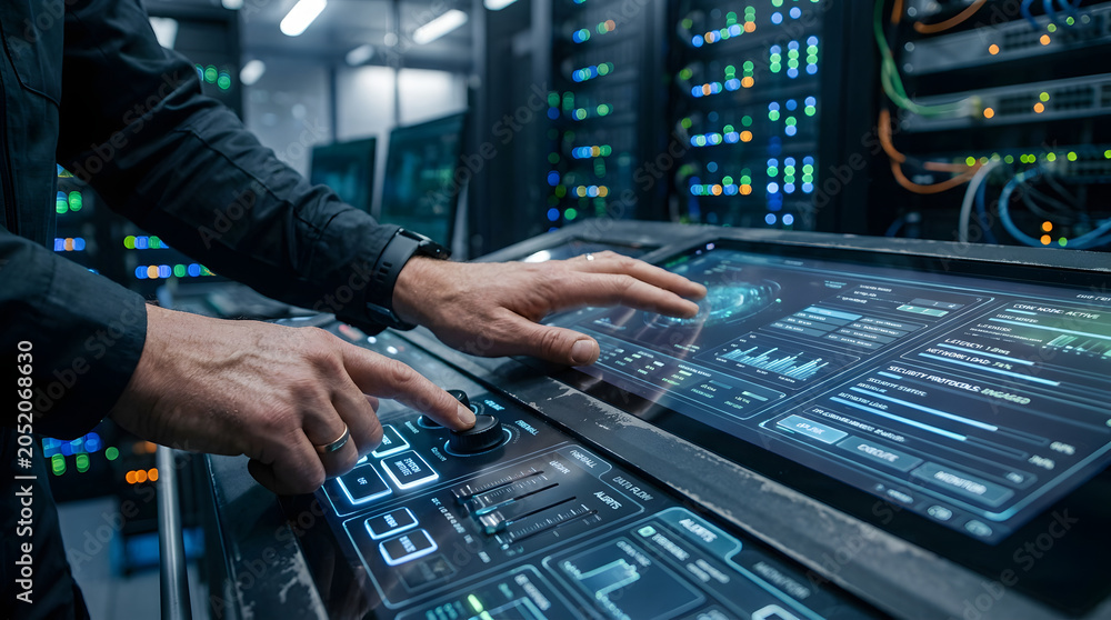 Naklejka premium Technician hands interacting with a complex digital control panel interface.