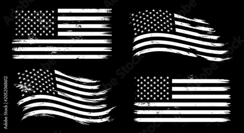 Set of four distressed american flag in white on a black background, featuring static and waving flag for patriotic