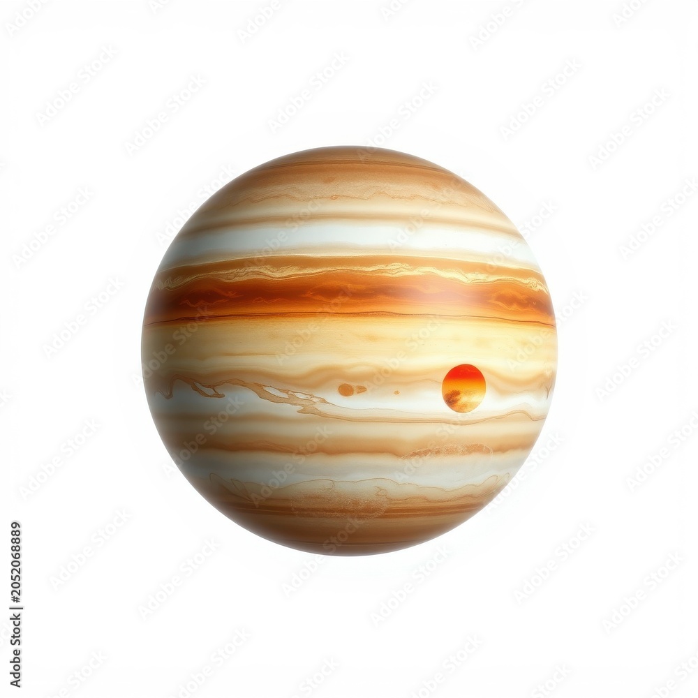 Fototapeta premium Gas giant planet with striped atmosphere. Orange hues dominate surface, featuring visible storm system. Round shape, isolated on white background.