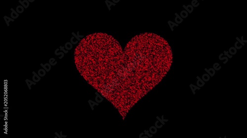 Red particle heart shape forming and dissipating on black background abstract animation