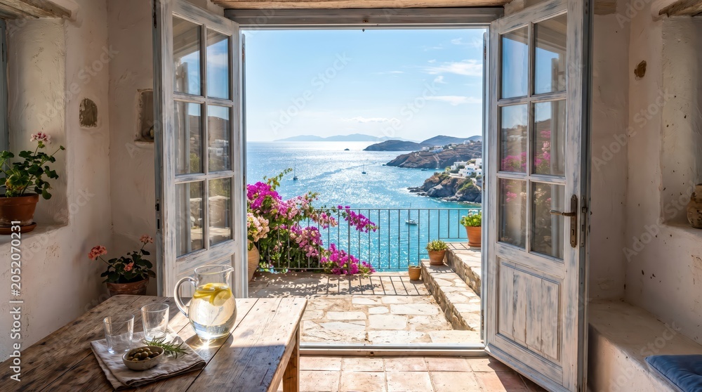 Fototapeta premium Sunlit rustic terrace with open doors framing turquoise sea and coastal village, table with pitcher and glasses, potted plants on Mediterranean balcony overlooking island coast, peaceful summer mood.