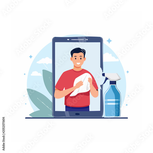 Man cleaning a tablet screen with a cloth and spray
