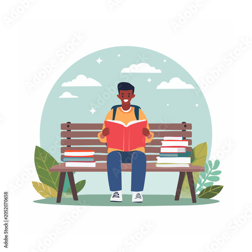 Man reading a book on a park bench with stacks of books