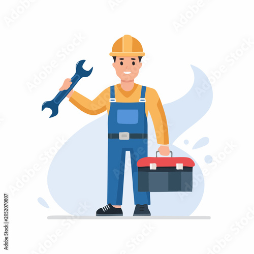 Worker holding a wrench and toolbox