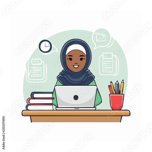 Woman in hijab working on laptop with books and pencils