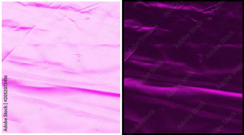 Fototapeta premium Abstract purple plastic texture background, crumpled violet cellophane film surface, creased magenta synthetic material for creative design overlays