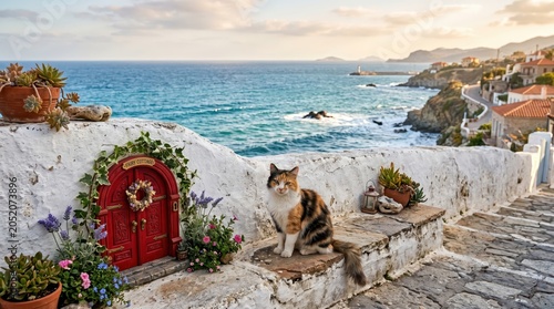 Calico cat perched on white stone wall overlooking rocky seaside village with red miniature door and potted plants, coastal walkway at golden sunset conveying calm relaxed atmosphere