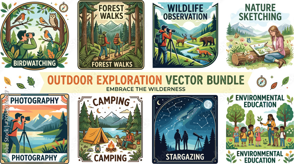 Obraz premium Outdoor Exploration Vector Bundle Featuring Birdwatching Camping Wildlife Observation Photography and Nature Education