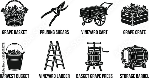 Foto Vineyard Harvest Equipment Silhouette Collection Featuring Grape Basket Press Ba