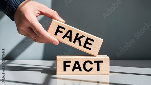 Hand placing wooden block with fake on top of fact block on table