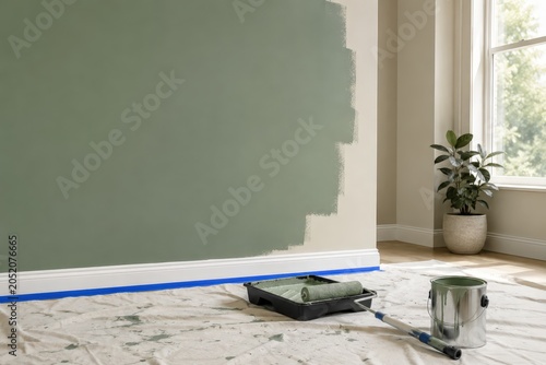 Mur en cours de peinture vert sauge dans une pièce lumineuse