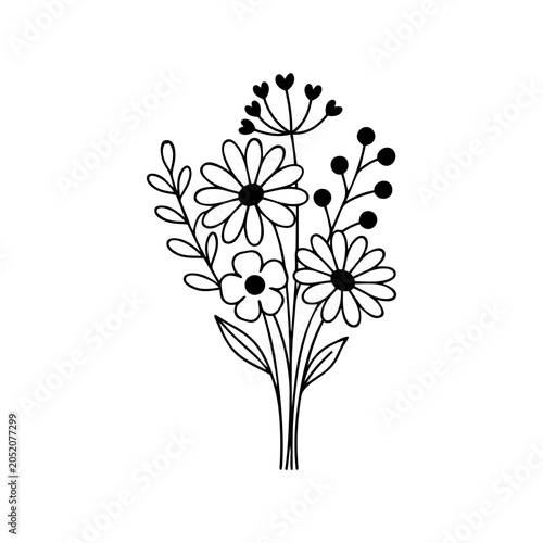 Minimalist Wildflower Bouquet Line Art Illustration with Daisy Flowers and Botanical Floral Elements