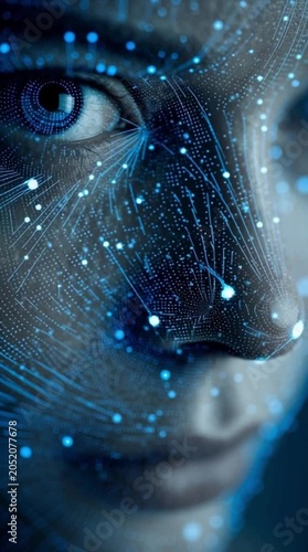 Futuristic Digital Human Face with Glowing Blue Circuitry and Neural Network Connections Representing Artificial Intelligence