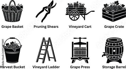 Foto Vineyard Harvest Tools Silhouette Icon Set Featuring Grape Basket Press Barrel a