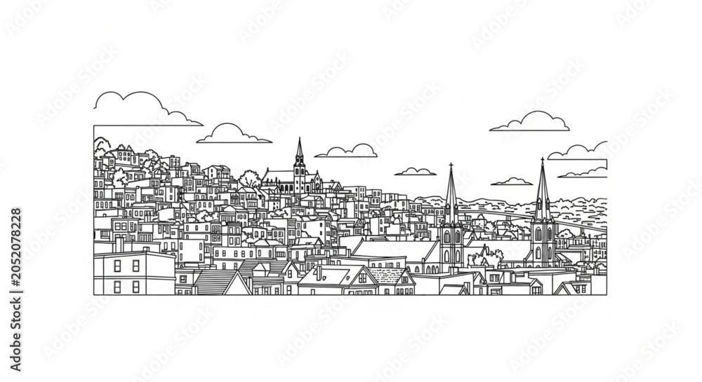 Fototapeta premium Cityscape with buildings and steeples.