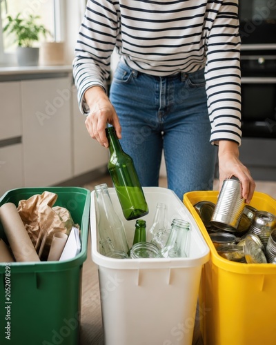 Tri du recyclage domestique avec verre papier et métal en cuisine