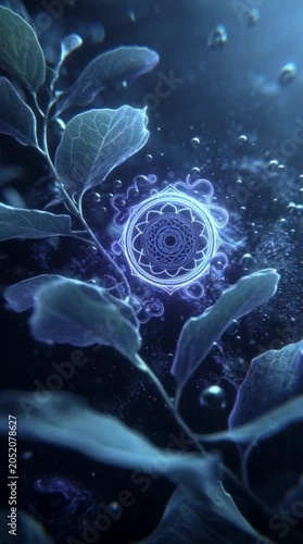 Mystical glowing mandala energy circle floating among deep blue ethereal plant leaves in a dreamlike underwater fantasy atmosphere