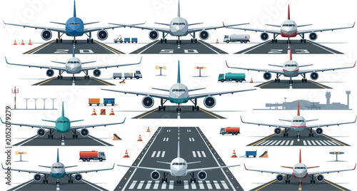 Bild auf Leinwand Commercial Airplane and Jet Airliner Vector Set on Airport Runway with Service V