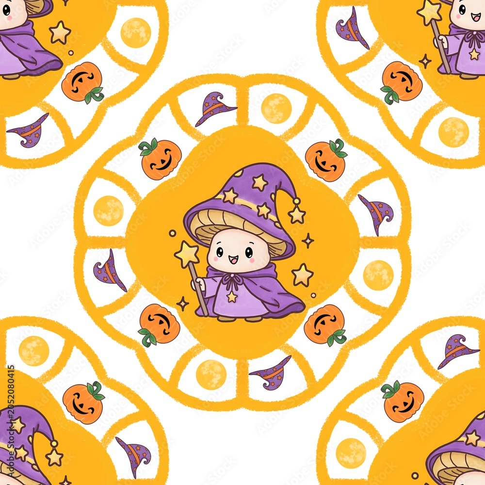 Fototapeta premium A cute seamless pattern of a mushroom wizard with a Halloween border of pumpkins, moons, and hats collections