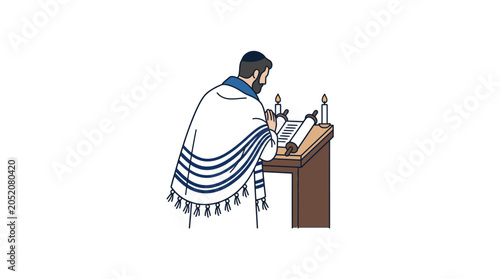 Foto Man in Prayer Shawl Reading at a Wooden Desk