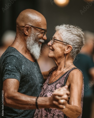 Elderly Interracial Couple Dancing Close Up Portrait