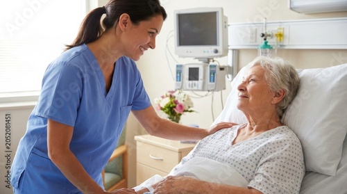 Compassionate care nurse assisting elderly patient in hospital room healing environment close-up perspective