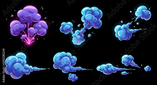 Cartoon Smoke Explosion Effects Set – Neon Blue and Purple Game VFX Collection