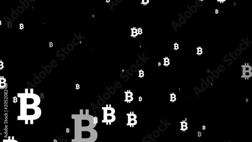 2D Bitcoin cryptocurrency sign particle animation with camera zoom burst effect on high speed lines background.