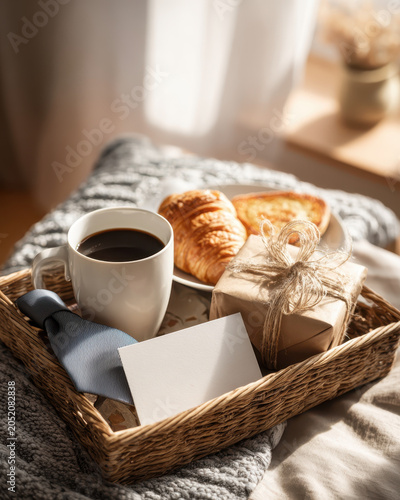 Breakfast tray coffee croissant pastry gift box card cozy morning light