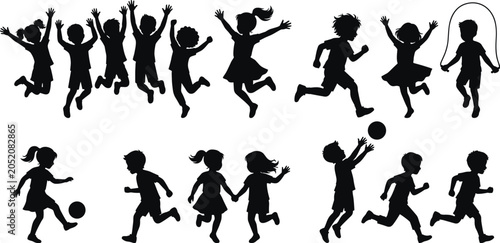 Photography Black silhouettes of children playing, running, jumping, and exercising on white