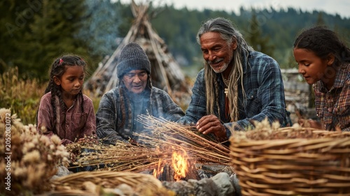 Family Gathering Around Campfire in Forest