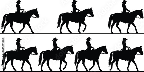 Tableau sur toile Silhouette of cowboy riding horse in various positions, black on white