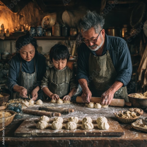 Family Making Dumplings in Rustic Kitchen Warm Lighting, Wooden Table
