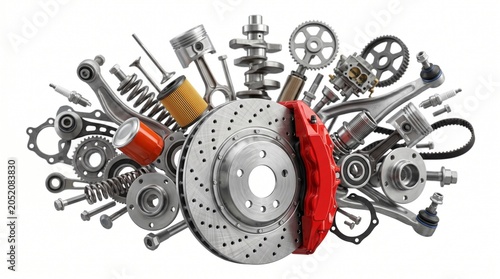 Car spare parts collage with performance brake disc and engine components isolated on white background