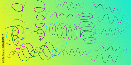 Rainbow Scribble Arrow Collection , Hand Drawn Curved Lines, Loops and Swirl Vector Set