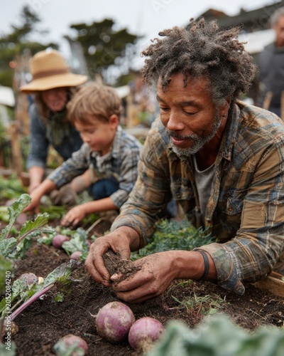 Family Teamwork in a Lush Garden Planting and Harvesting Vegetables