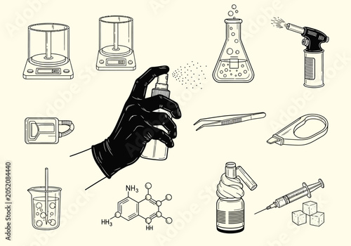 Fotografía Clandestine Drug Laboratory Equipment and Narcotic Manufacturing Icons Illustrat