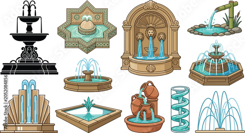 Schilderij op canvas Decorative Fountain Collection with Classical Water Features, Garden Designs, Ar